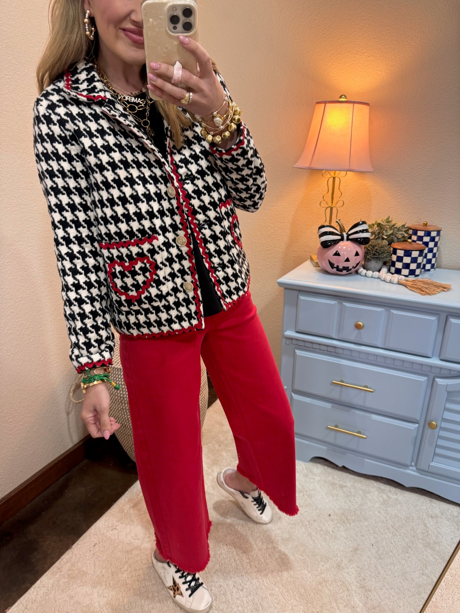  Zig Zag Red Trim Tape Detailed Hounds-tooth Button Front Jacket