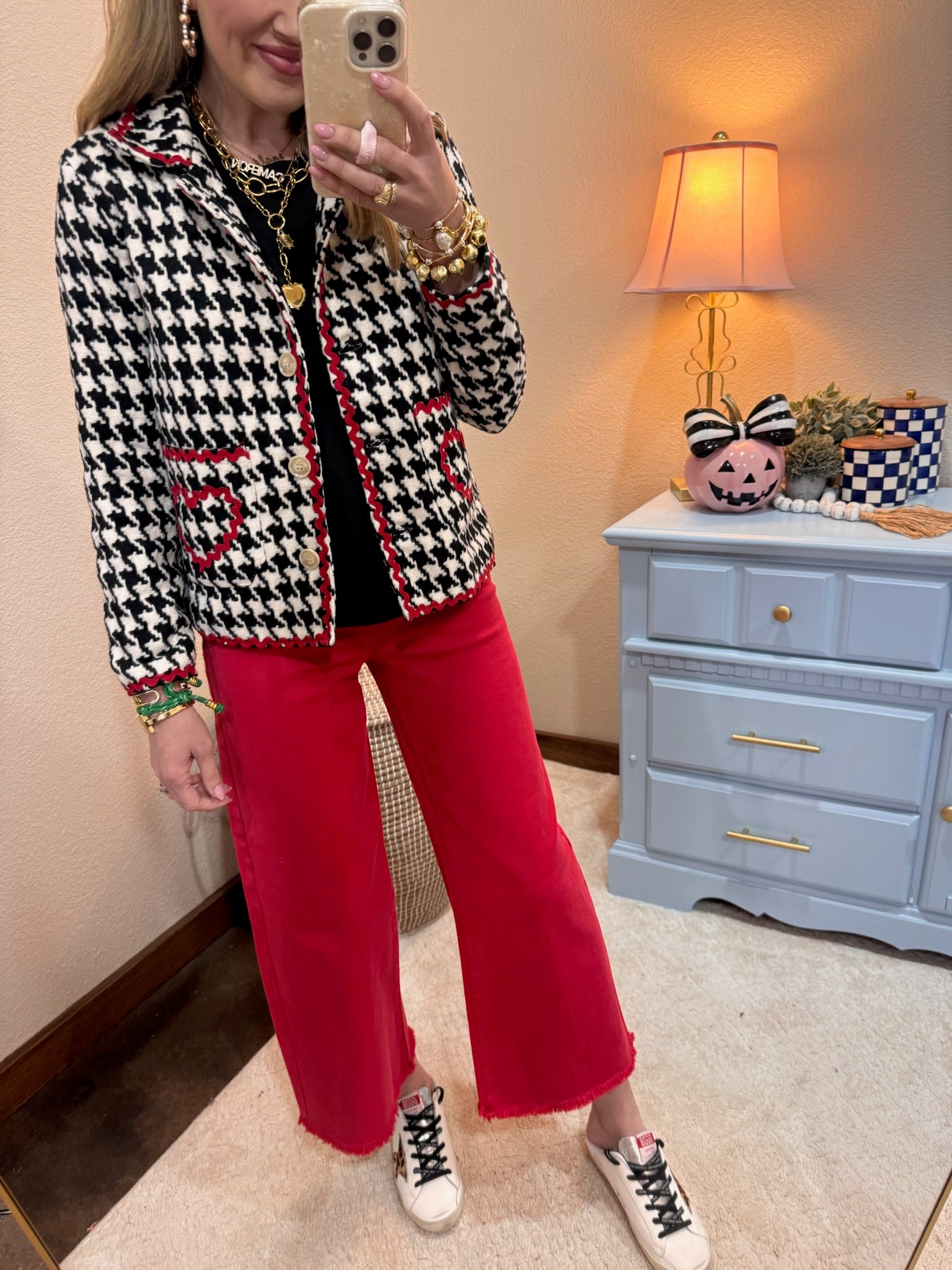  Zig Zag Red Trim Tape Detailed Hounds-tooth Button Front Jacket