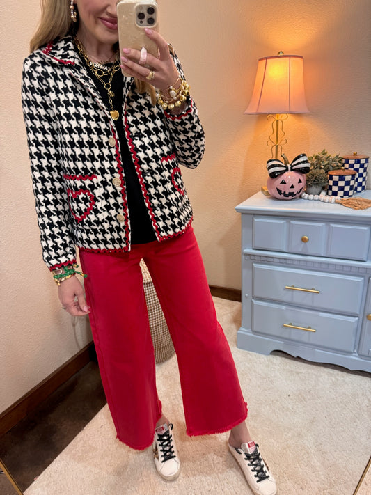  Zig Zag Red Trim Tape Detailed Hounds-tooth Button Front Jacket