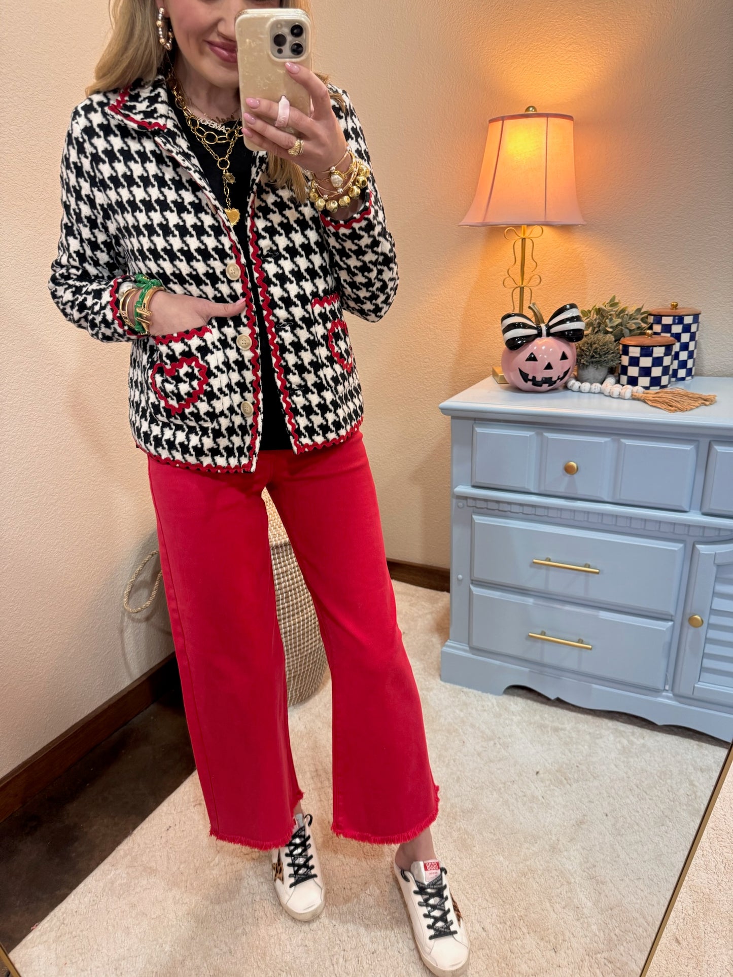  Zig Zag Red Trim Tape Detailed Hounds-tooth Button Front Jacket