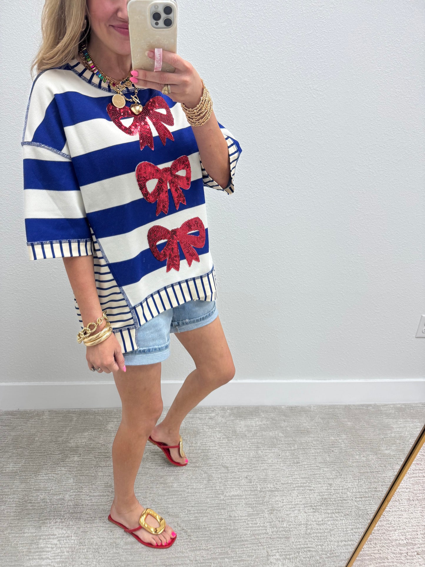 Royal Blue Stripe and Sequin Bow Top FS