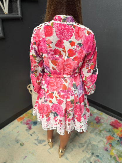 Pink Floral High Neck White Lace Tie Detail Dress With Slip