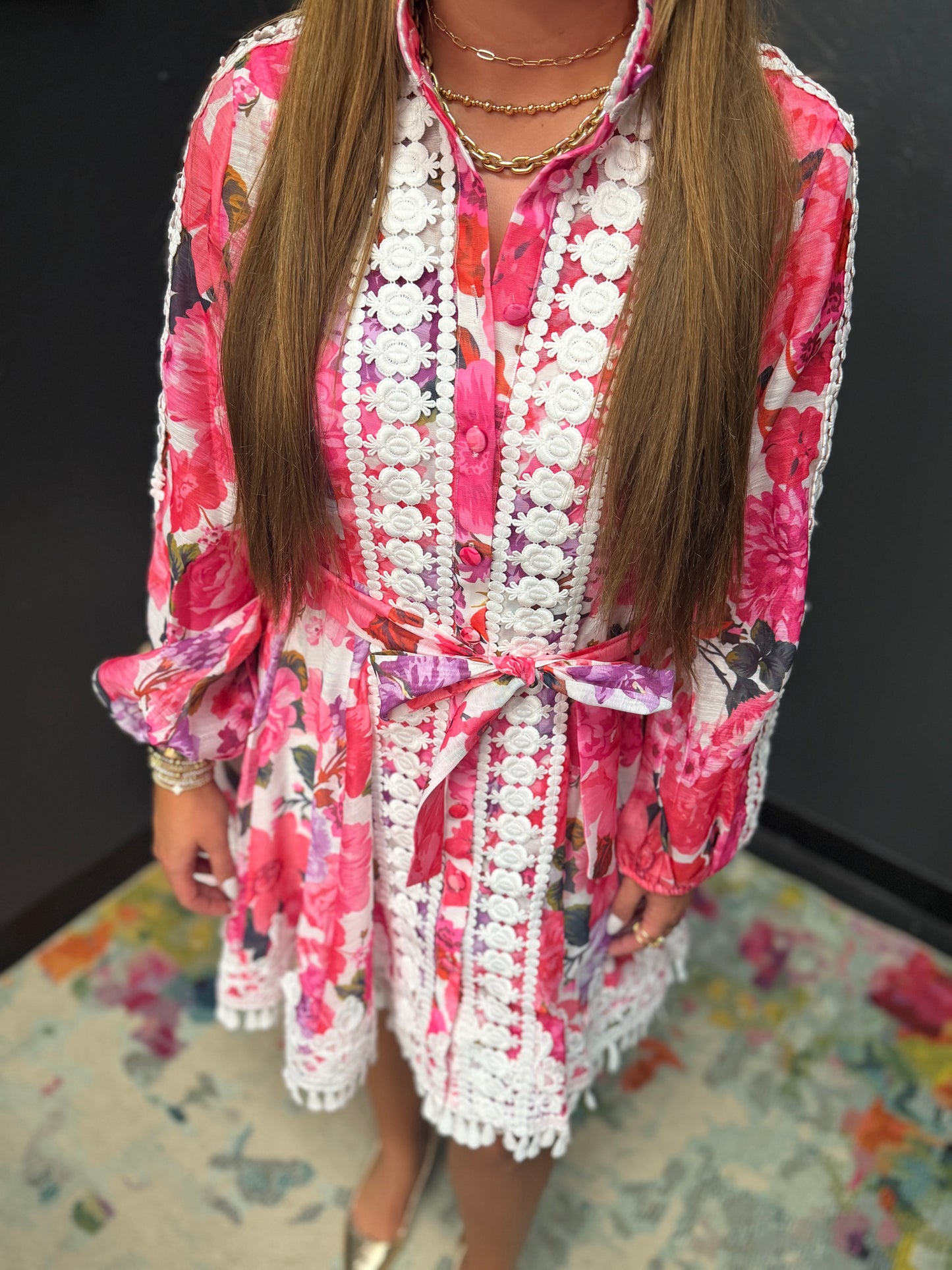 Pink Floral High Neck White Lace Tie Detail Dress With Slip