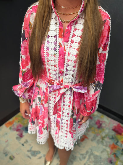 Pink Floral High Neck White Lace Tie Detail Dress With Slip