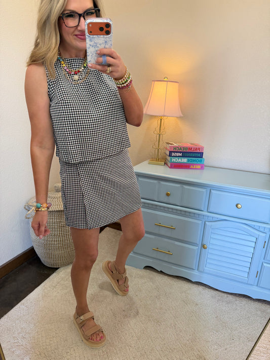 Black Gingham Checkered Sleeveless Top And Skort Set
