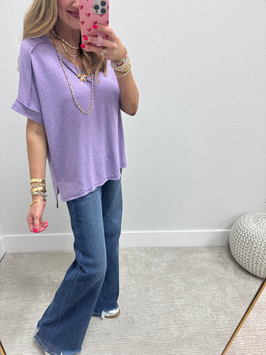 Lavender Melange Hacci V-Neck Hi-Low Tee