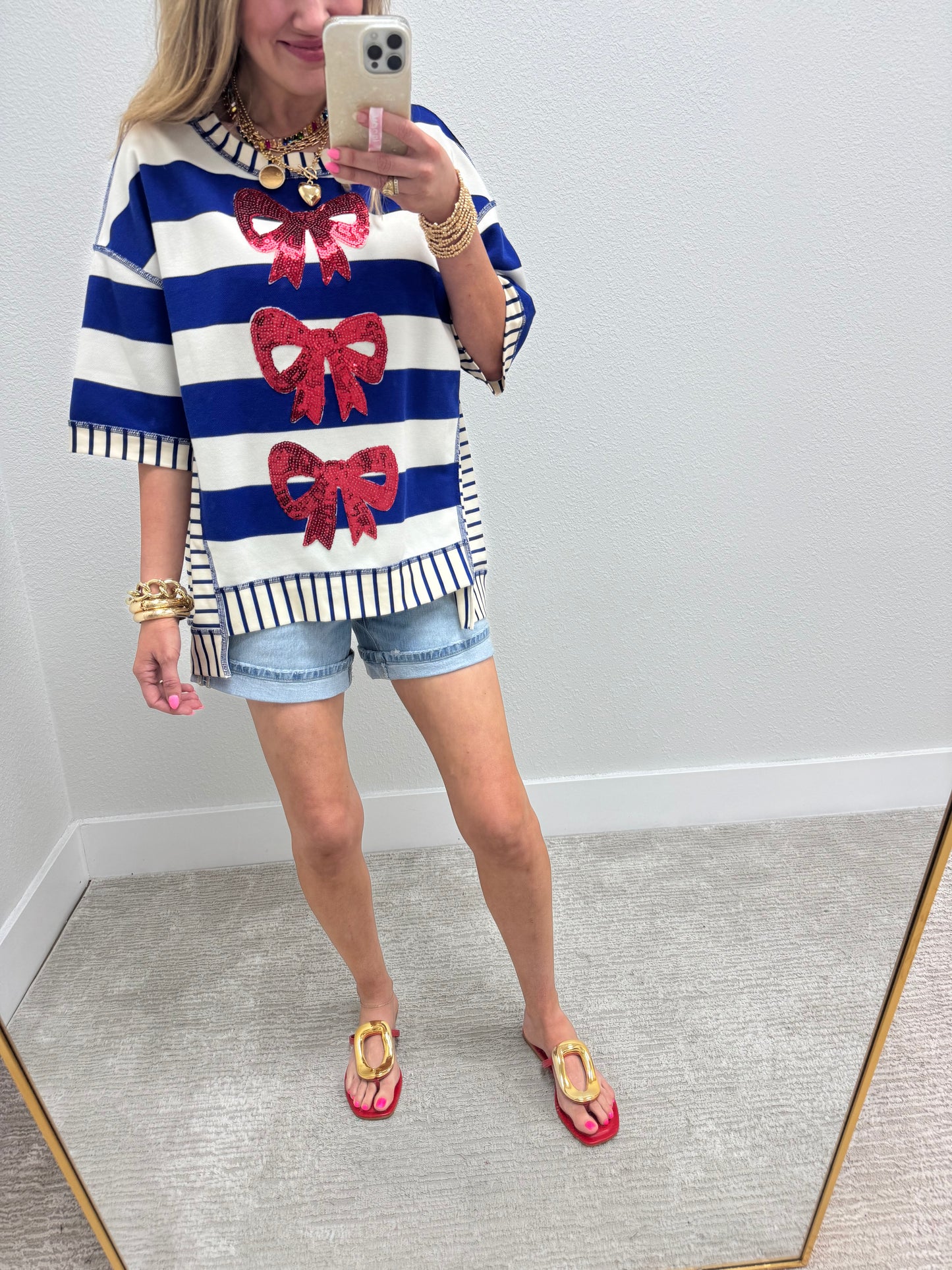 Royal Blue Stripe and Sequin Bow Top FS