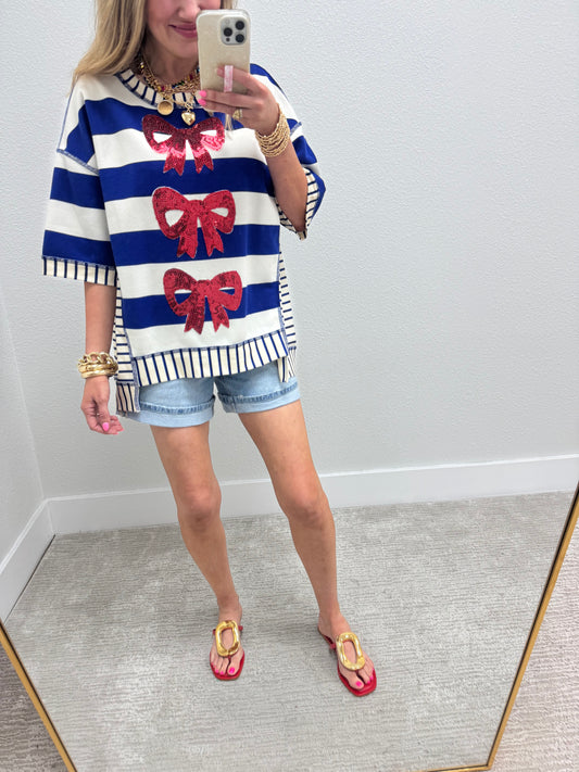 Royal Blue Stripe and Sequin Bow Top FS