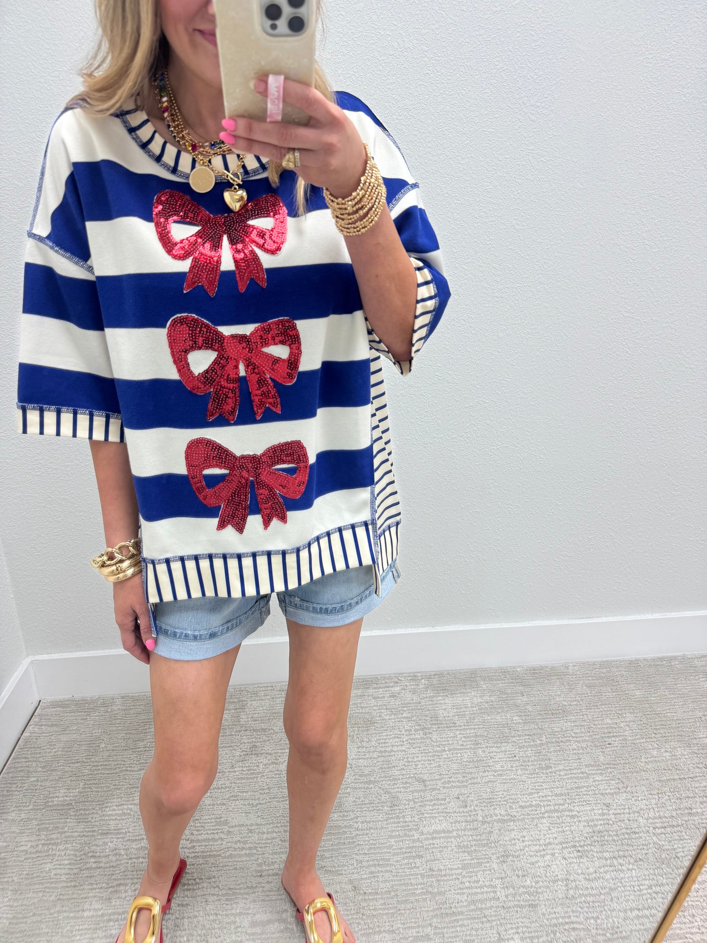 Royal Blue Stripe and Sequin Bow Top FS