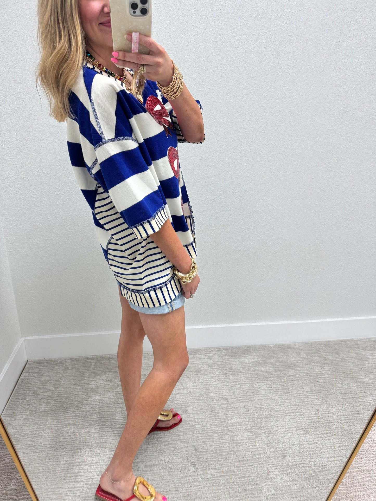 Royal Blue Stripe and Sequin Bow Top FS