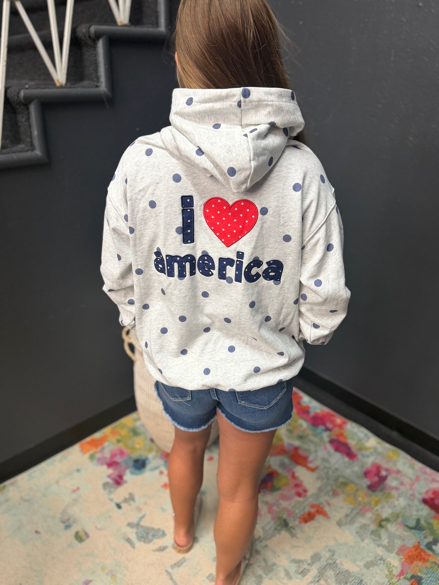 "I Love America" Gray & Navy Polka Dot Hoodie