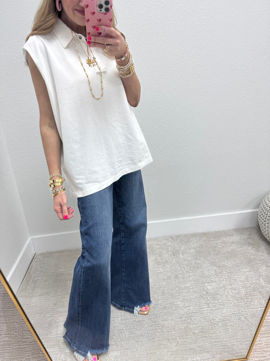 Cream Sleeveless Oversize Collared Top