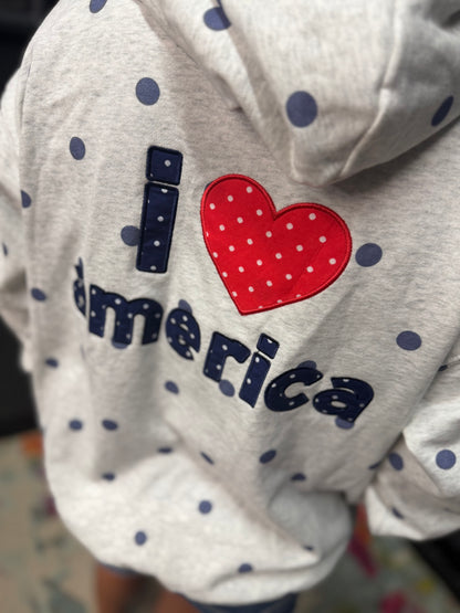 "I Love America" Gray & Navy Polka Dot Hoodie
