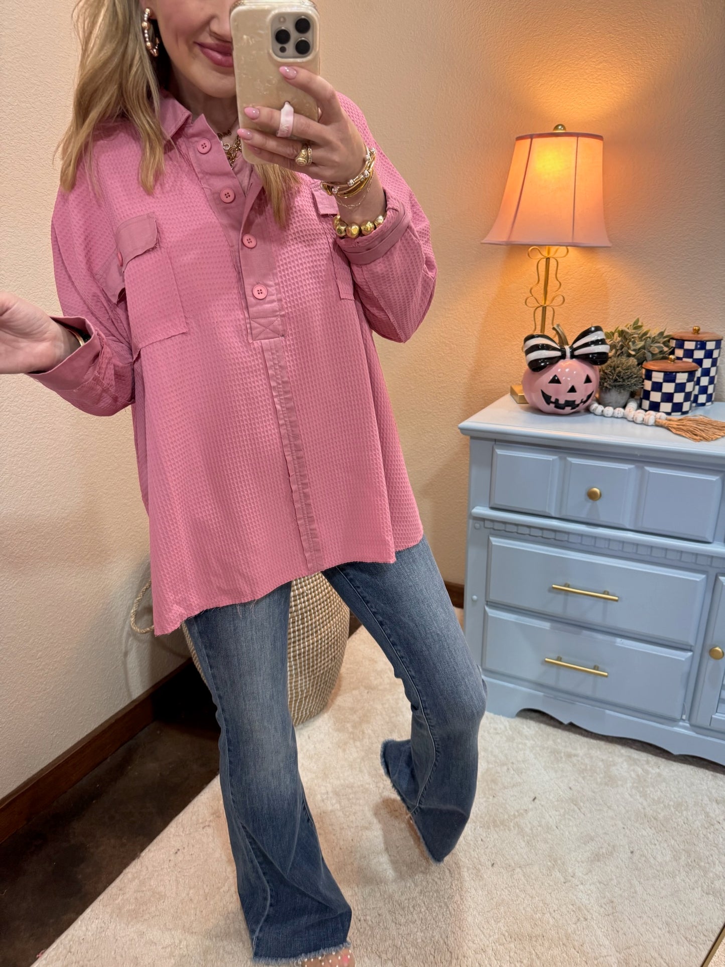 Pink Waffle Style Oversized Button Pullover