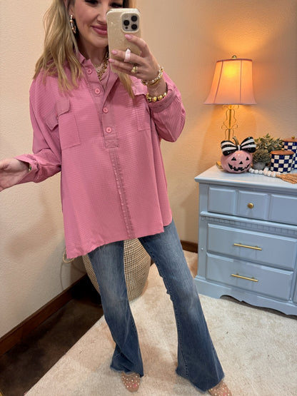 Pink Waffle Style Oversized Button Pullover