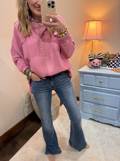 Pink Waffle Style Oversized Button Pullover