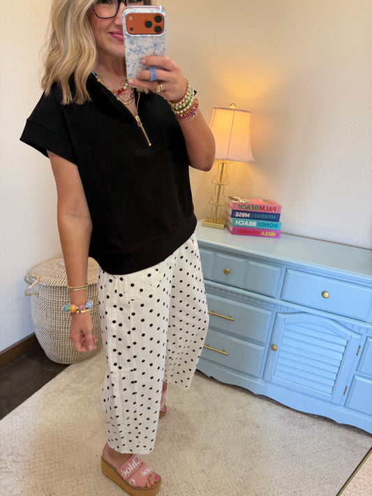 White and Black Polkadot High Rise Denim Pants