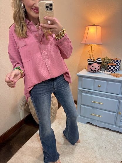 Pink Waffle Style Oversized Button Pullover