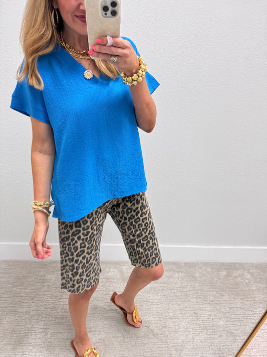 Blue Crinkle Texture V-Neck Top