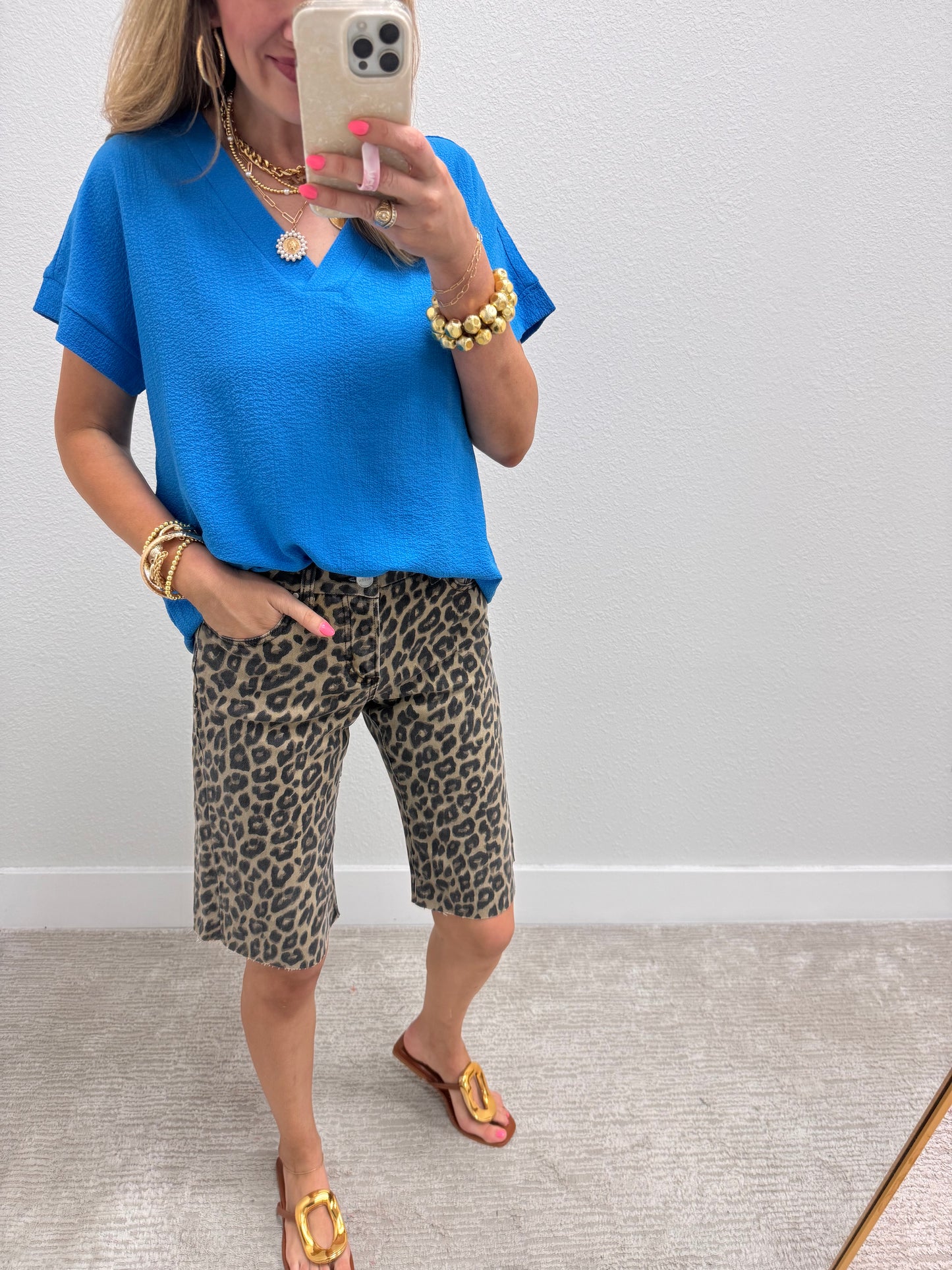 Blue Crinkle Texture V-Neck Top