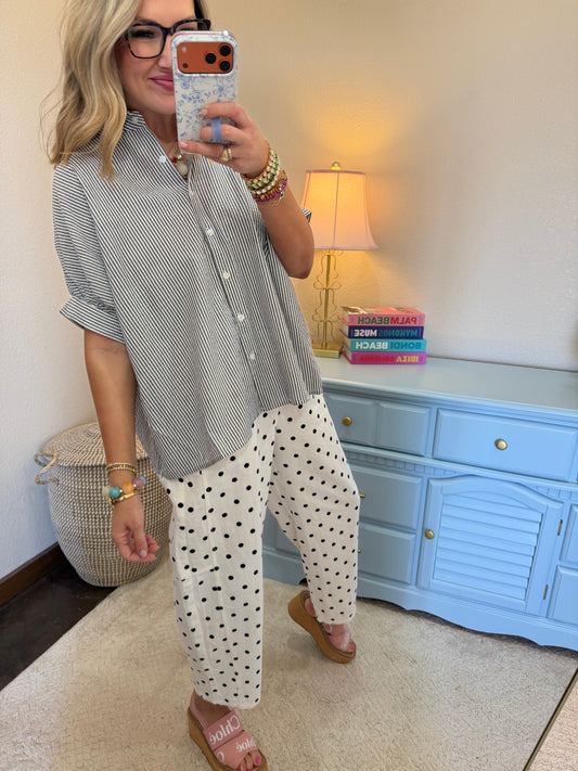 Black Striped Short Sleeve Button-front Blouse