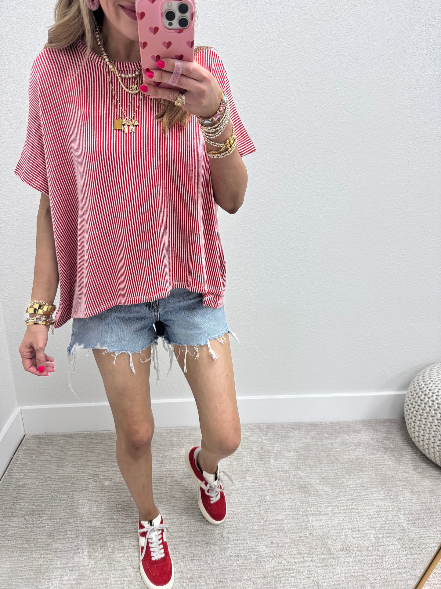Red Ribbed Stripped Short Sleeve Top