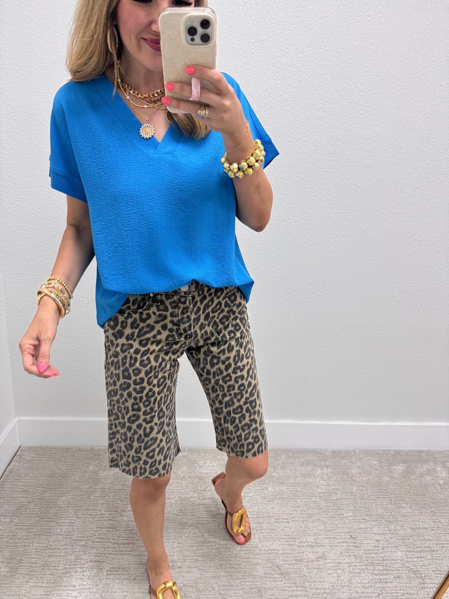 Blue Crinkle Texture V-Neck Top