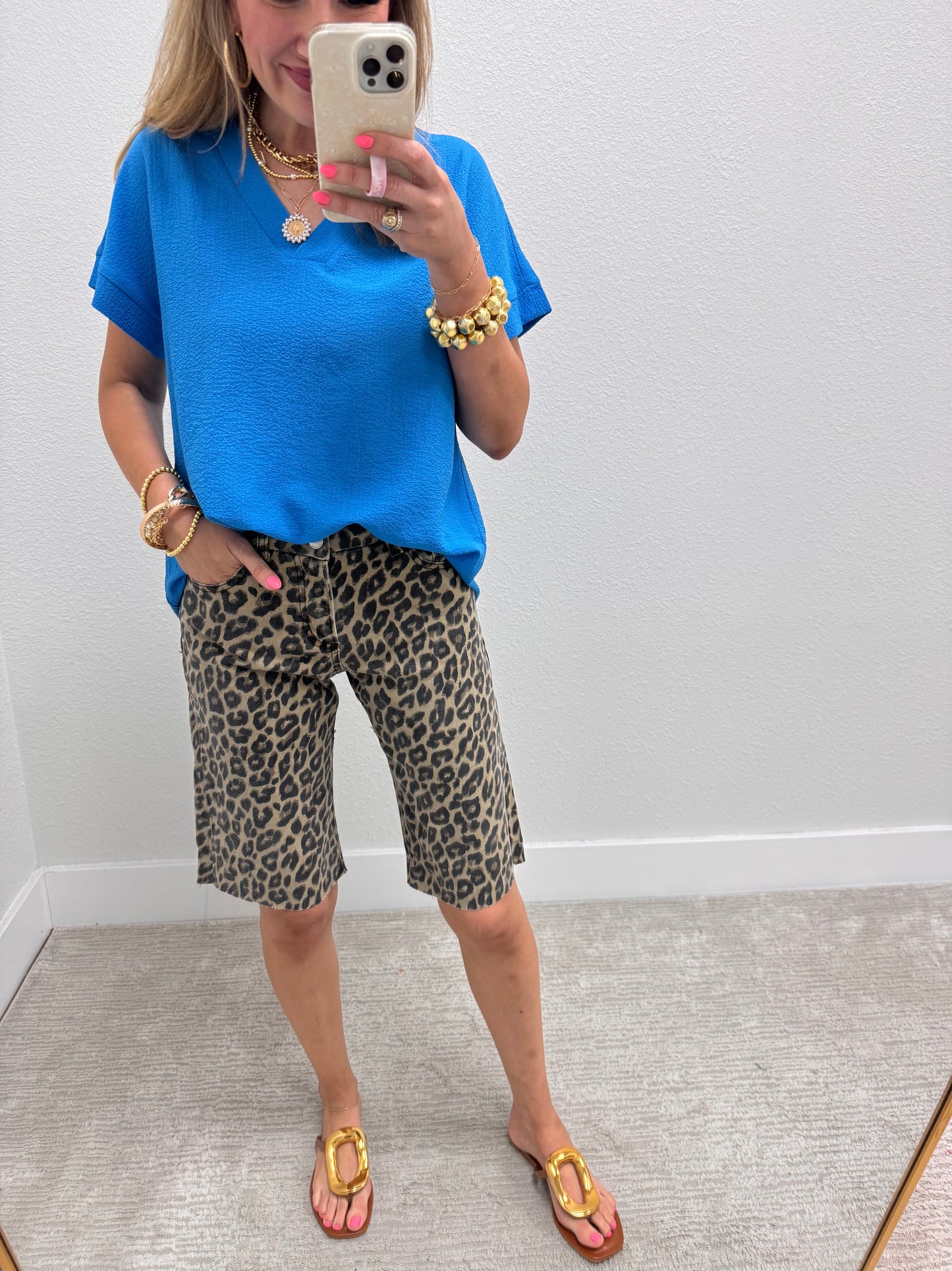 Blue Crinkle Texture V-Neck Top