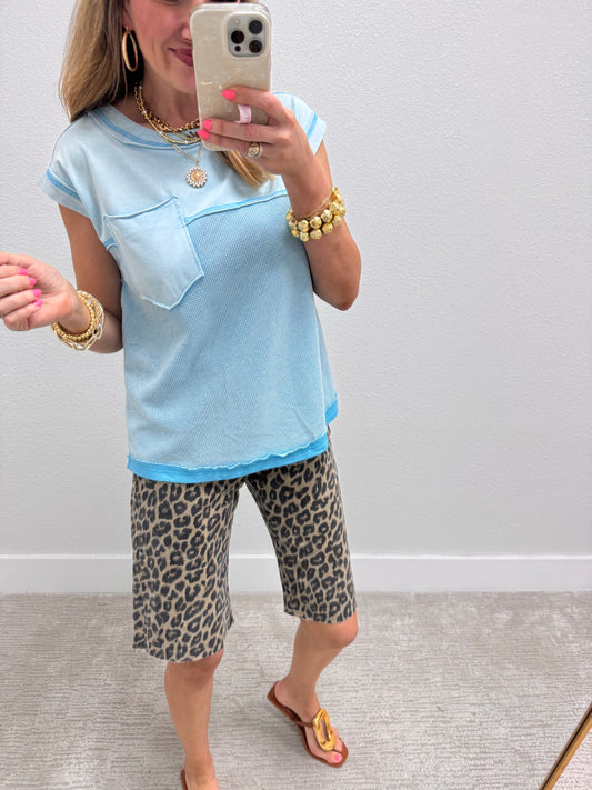 Turquoise Waffle Contrast Knit Sleeveless Top FS