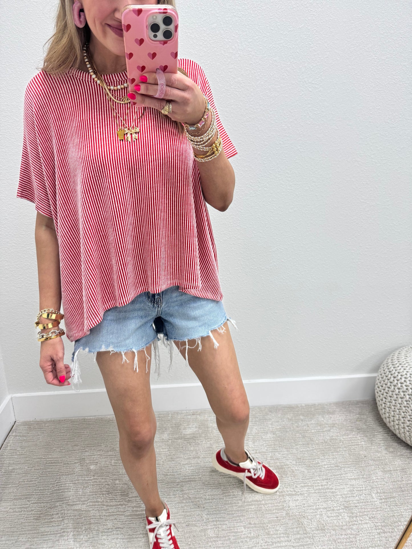 Red Ribbed Stripped Short Sleeve Top