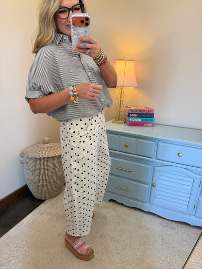 White and Black Polkadot High Rise Denim Pants