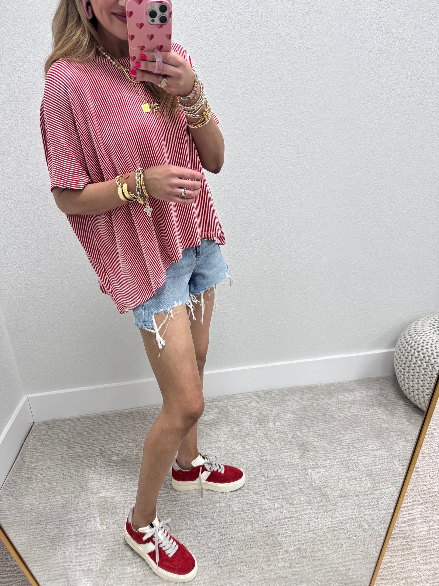 Red Ribbed Stripped Short Sleeve Top