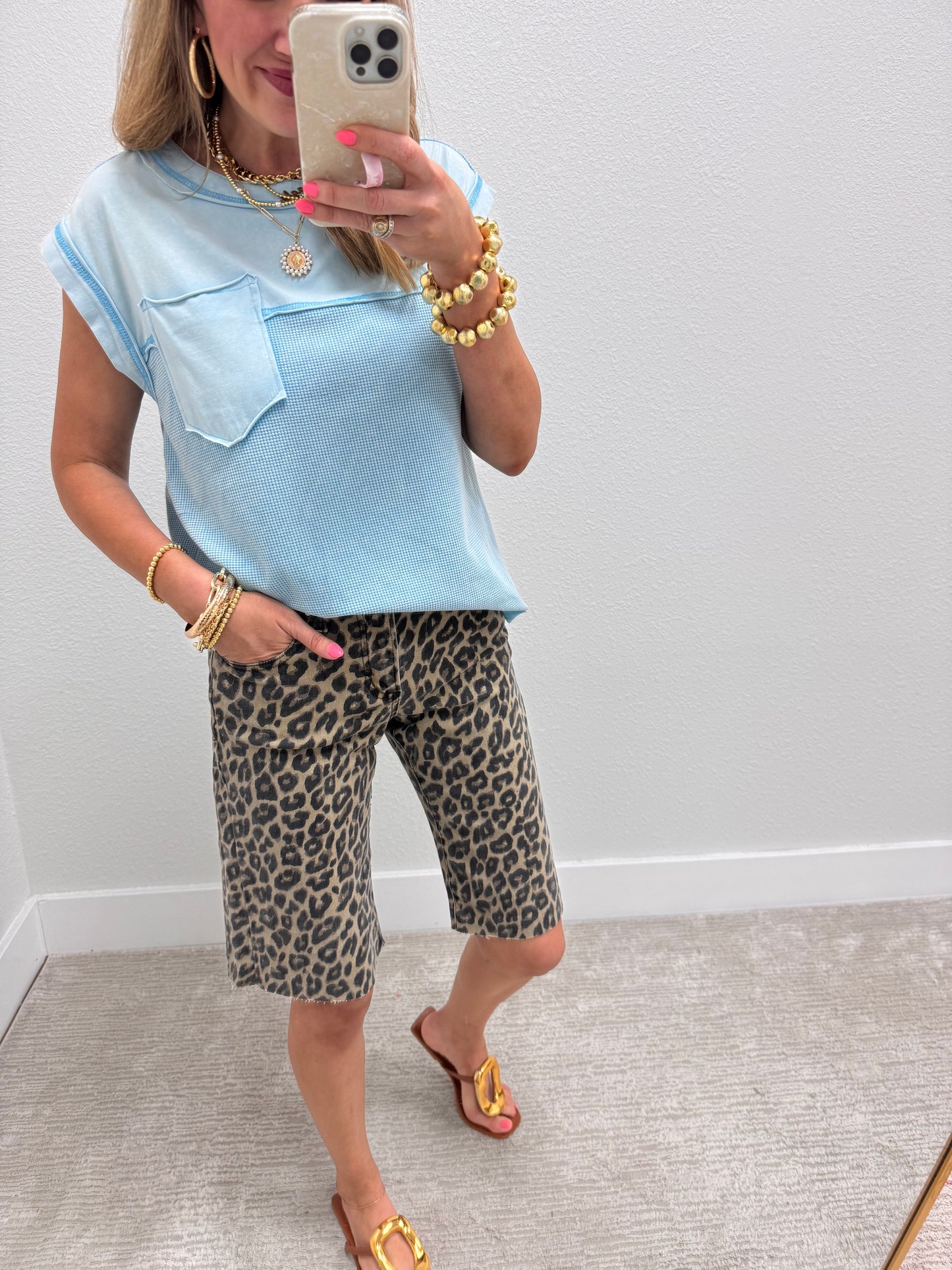 Turquoise Waffle Contrast Knit Sleeveless Top FS