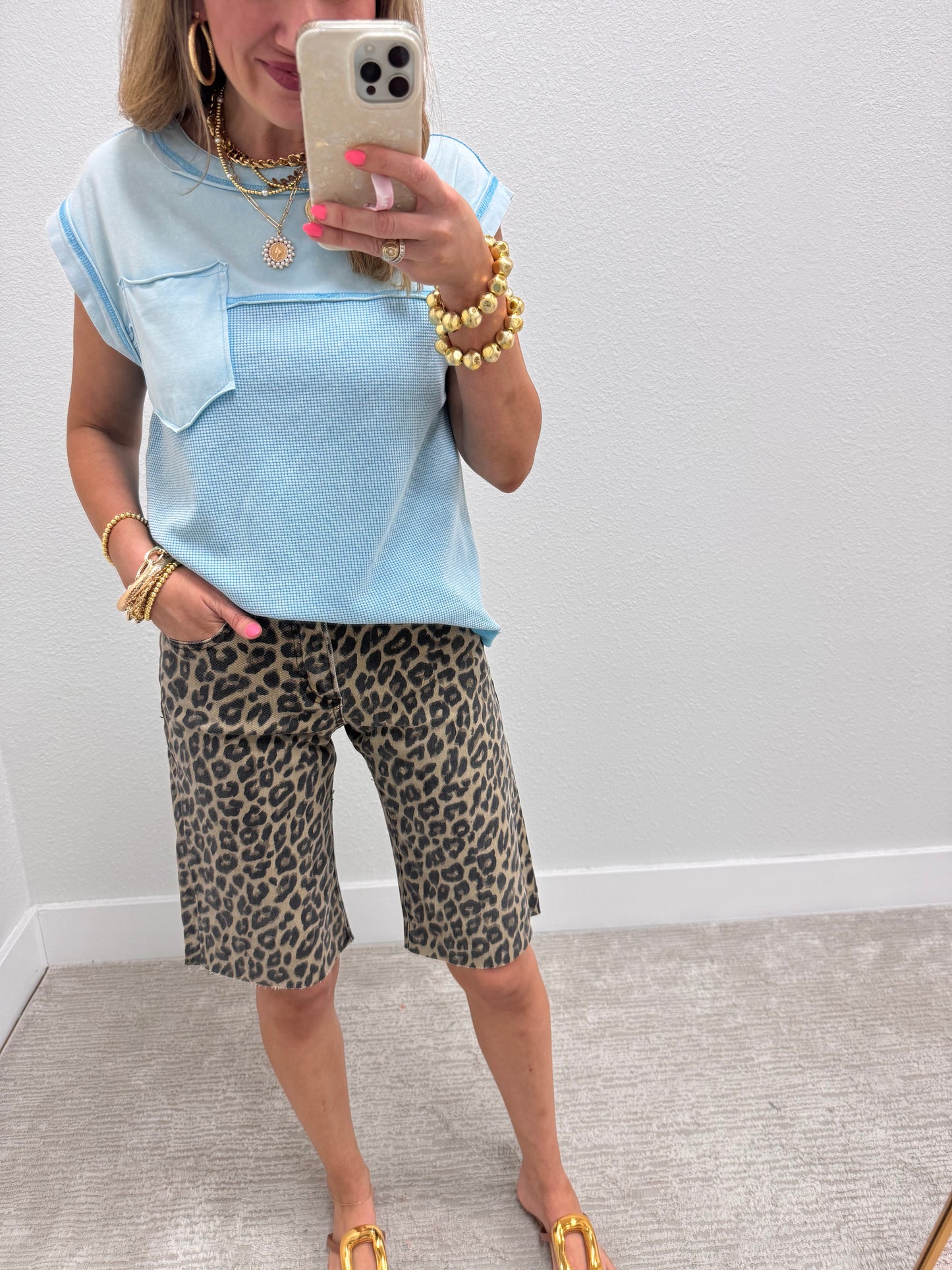 Turquoise Waffle Contrast Knit Sleeveless Top FS