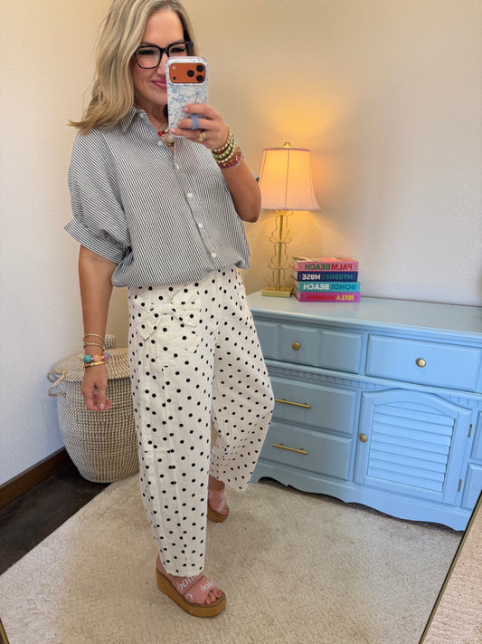 Black Striped Short Sleeve Button-front Blouse
