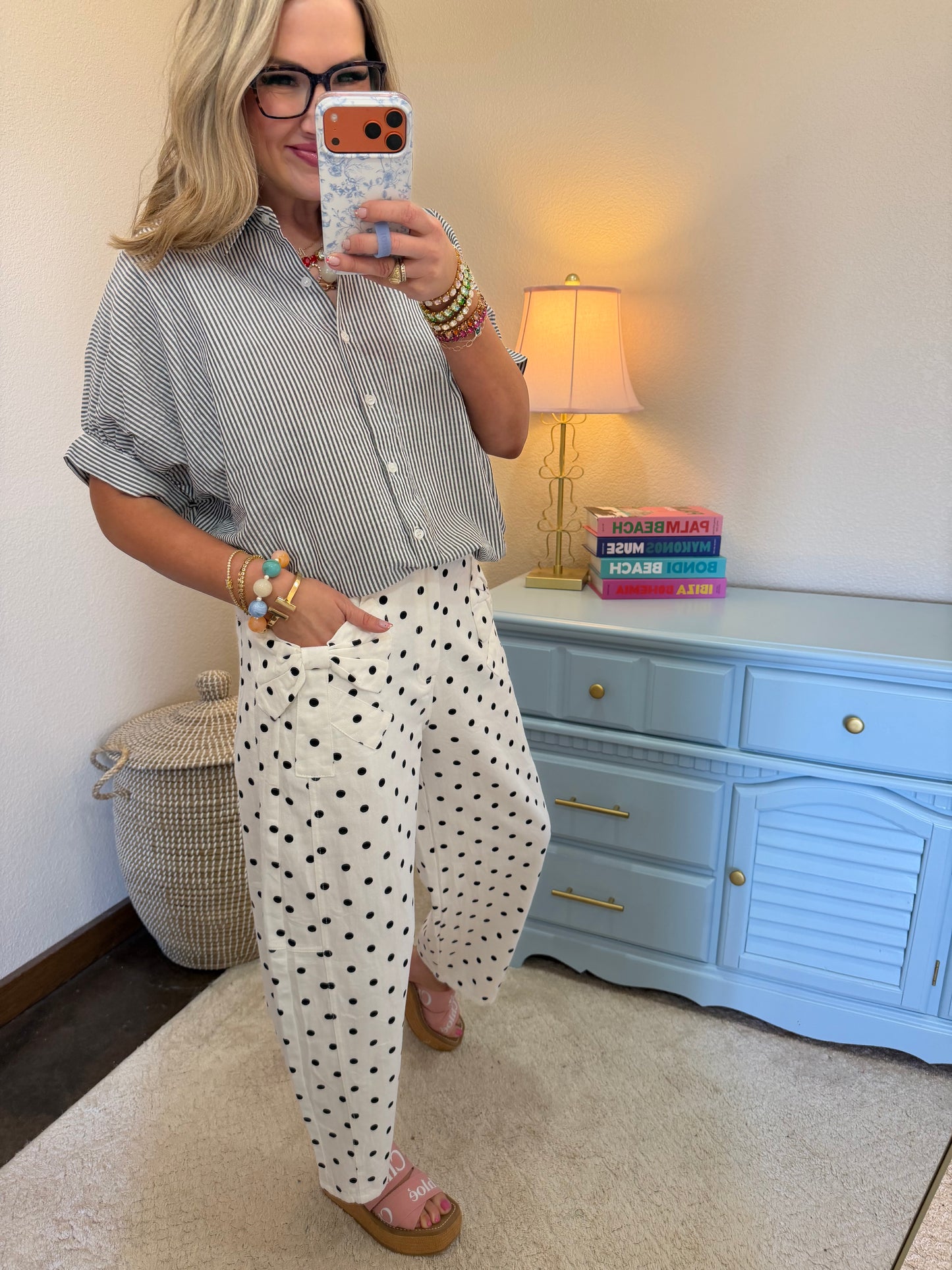 White and Black Polkadot High Rise Denim Pants
