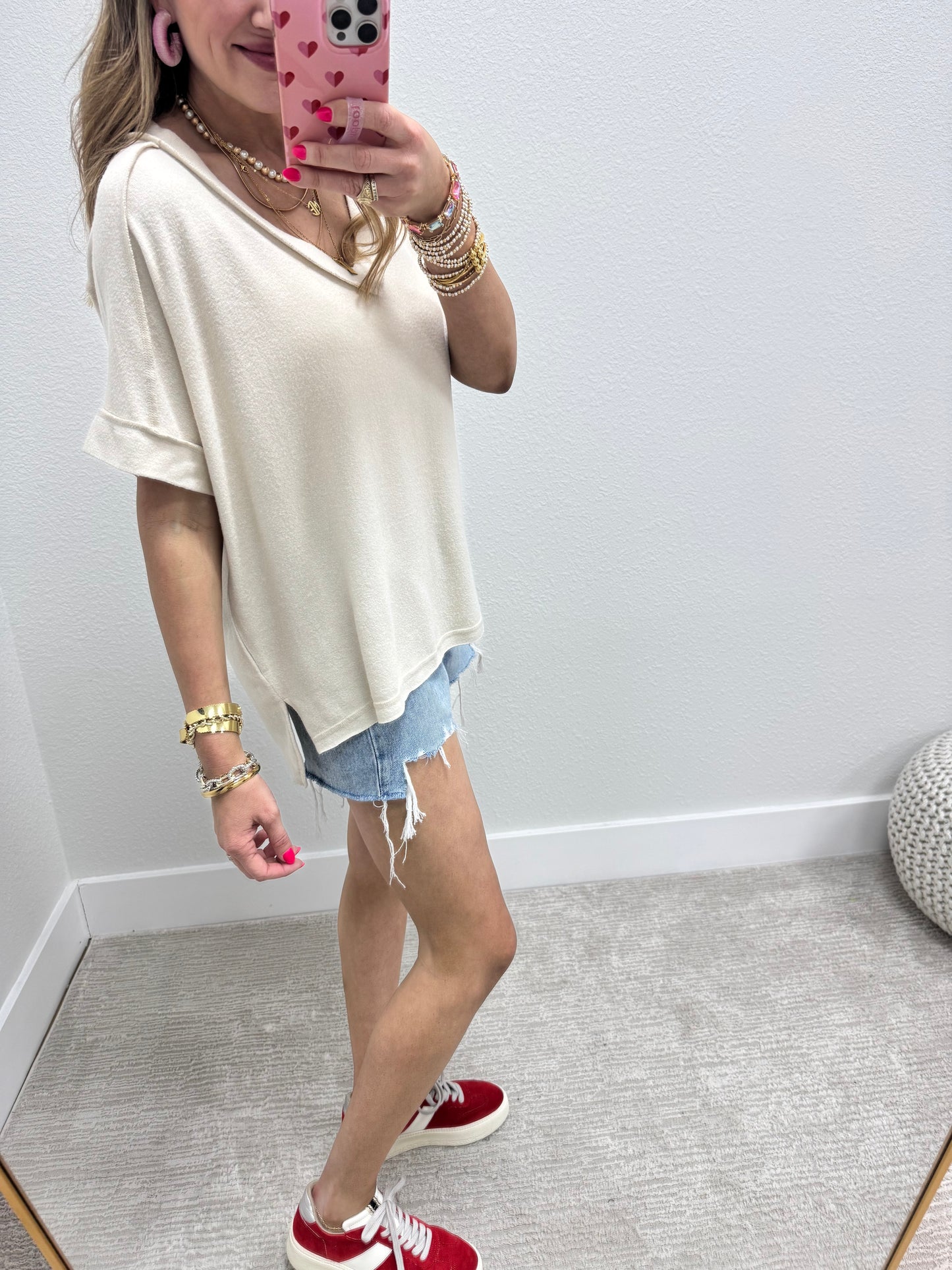 Beige Melange Hacci V-Neck Hi-Low Tee
