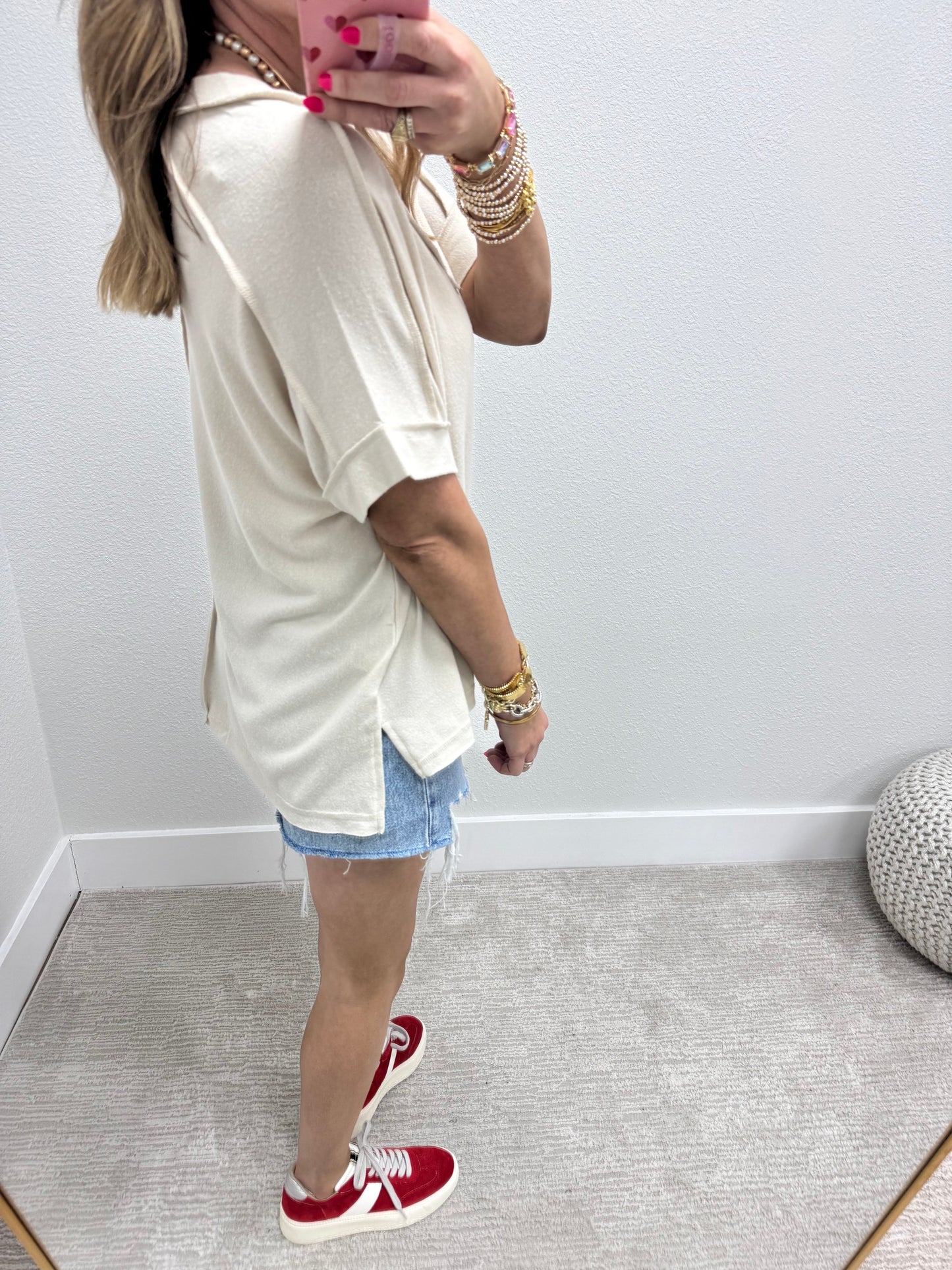 Beige Melange Hacci V-Neck Hi-Low Tee