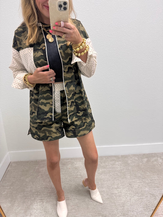 Camo and Polkadot Printed Two Piece Short Set