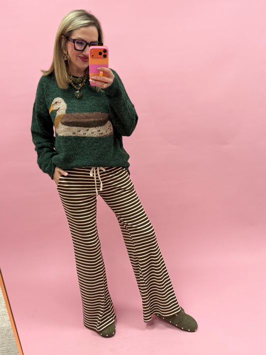 Dark Brown Stripe Low Rise Striped Waffle Knit Pants
