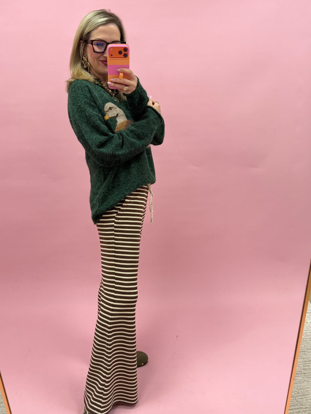 Dark Brown Stripe Low Rise Striped Waffle Knit Pants
