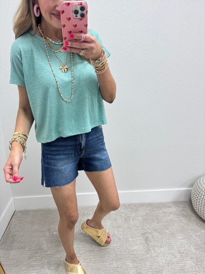 Turquoise Green Melange Super Soft Crop Short Sleeve