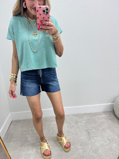Turquoise Green Melange Super Soft Crop Short Sleeve