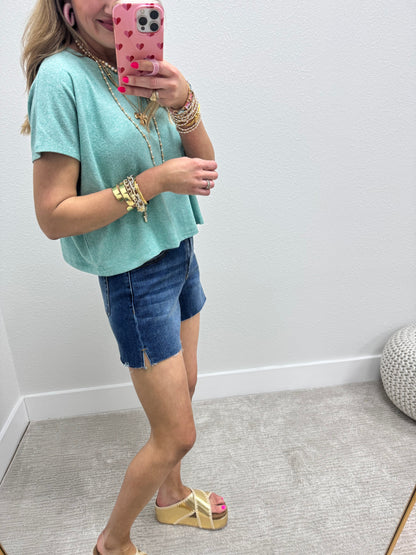 Turquoise Green Melange Super Soft Crop Short Sleeve