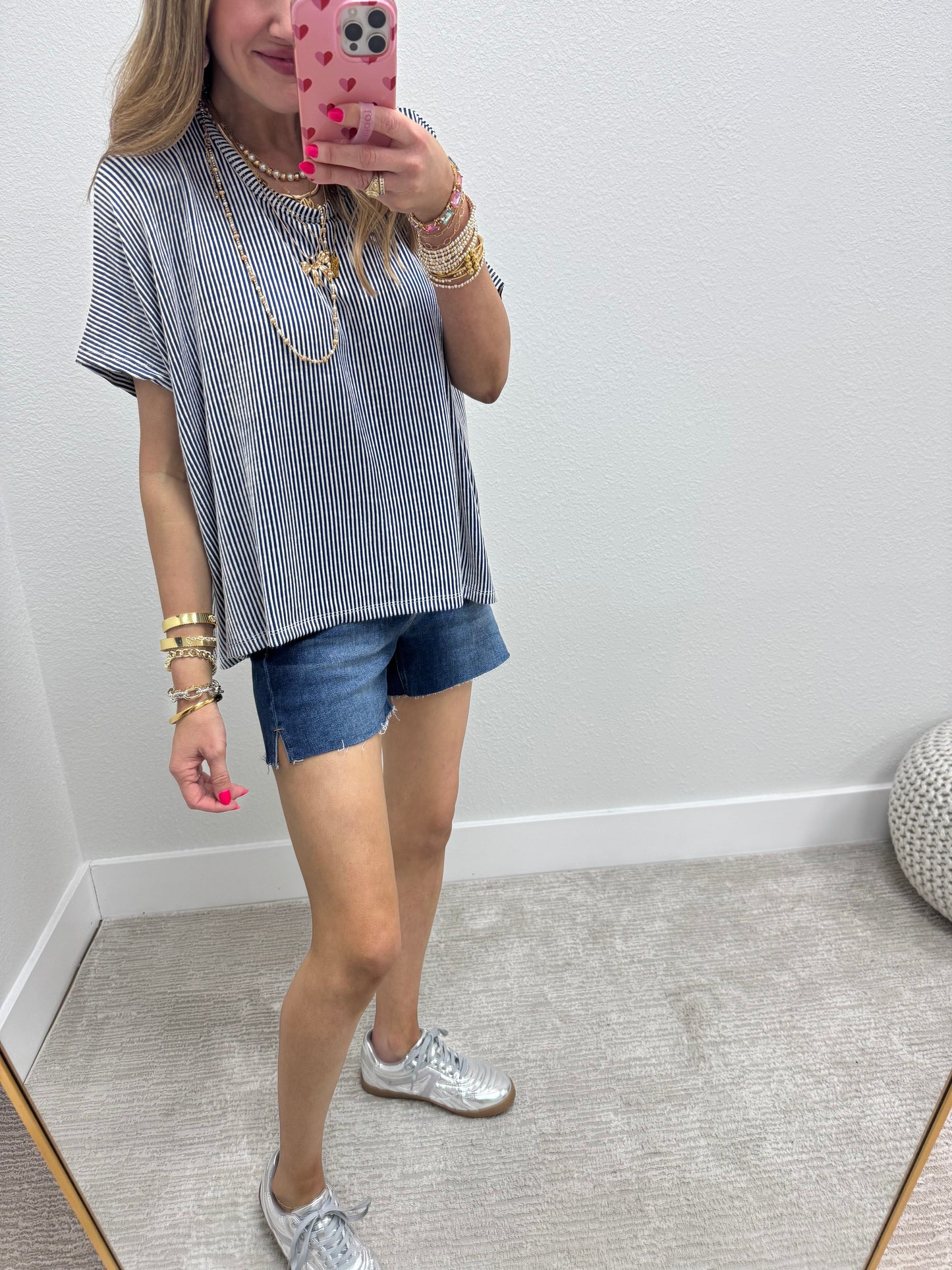 Navy Ribbed Stripped Short Sleeve Top