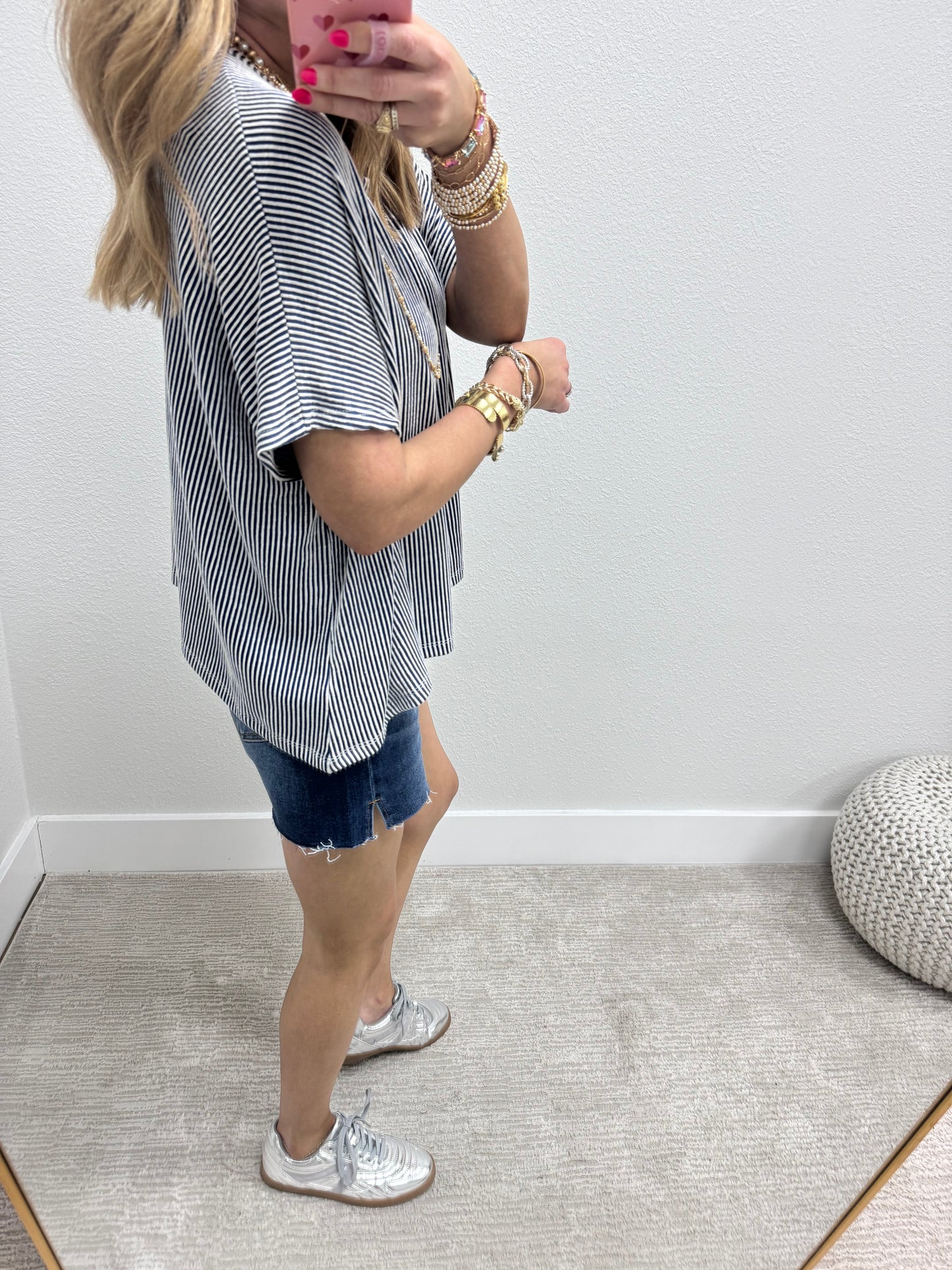 Navy Ribbed Stripped Short Sleeve Top