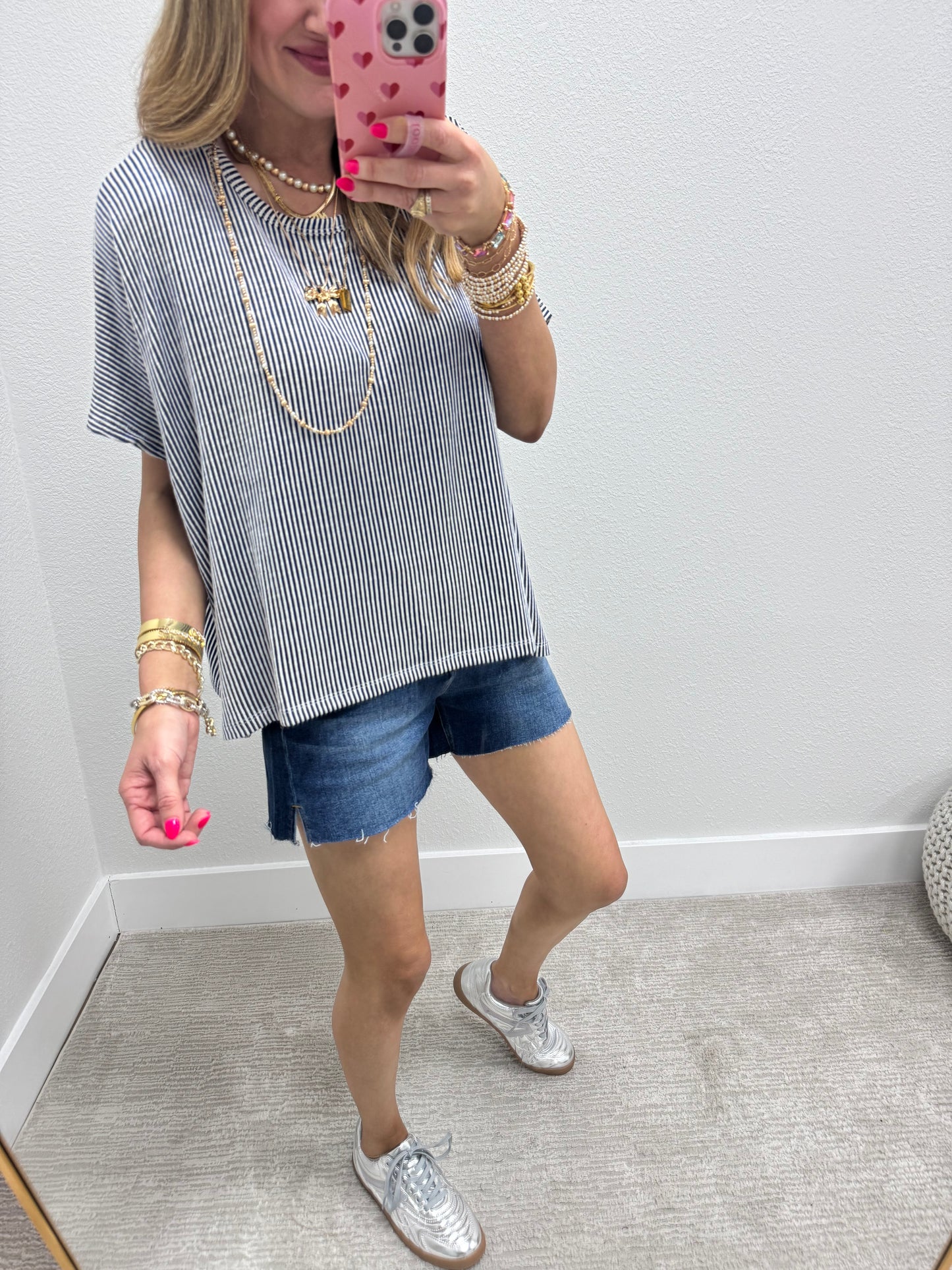 Navy Ribbed Stripped Short Sleeve Top