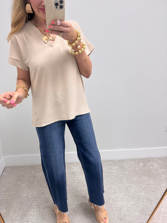 Sand Beige Crinkle Texture V-Neck Top
