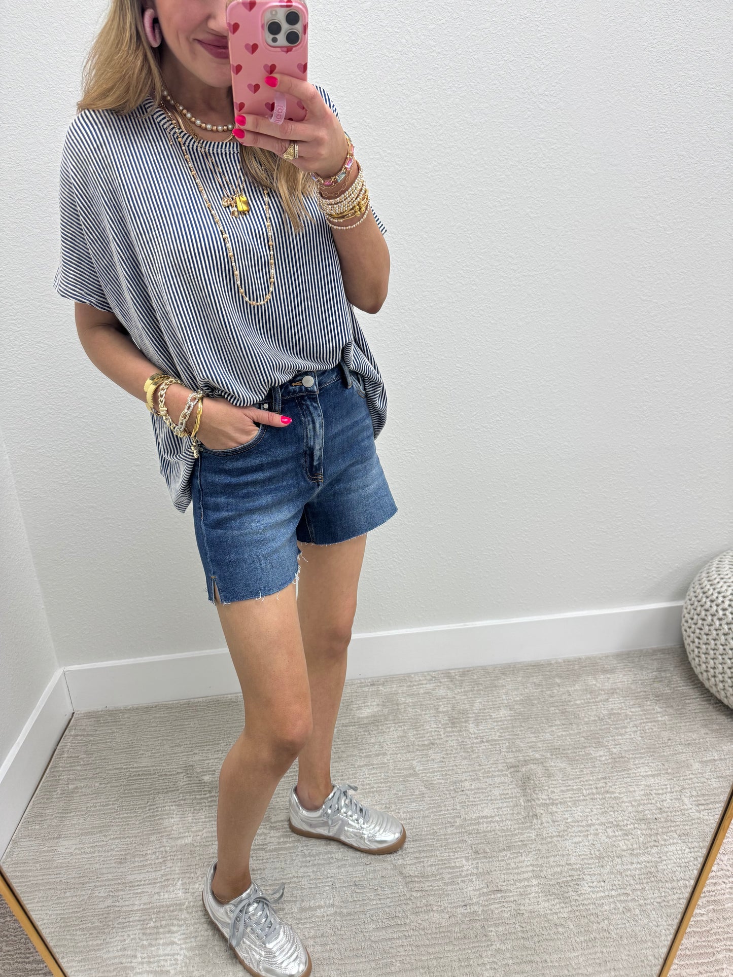 Navy Ribbed Stripped Short Sleeve Top
