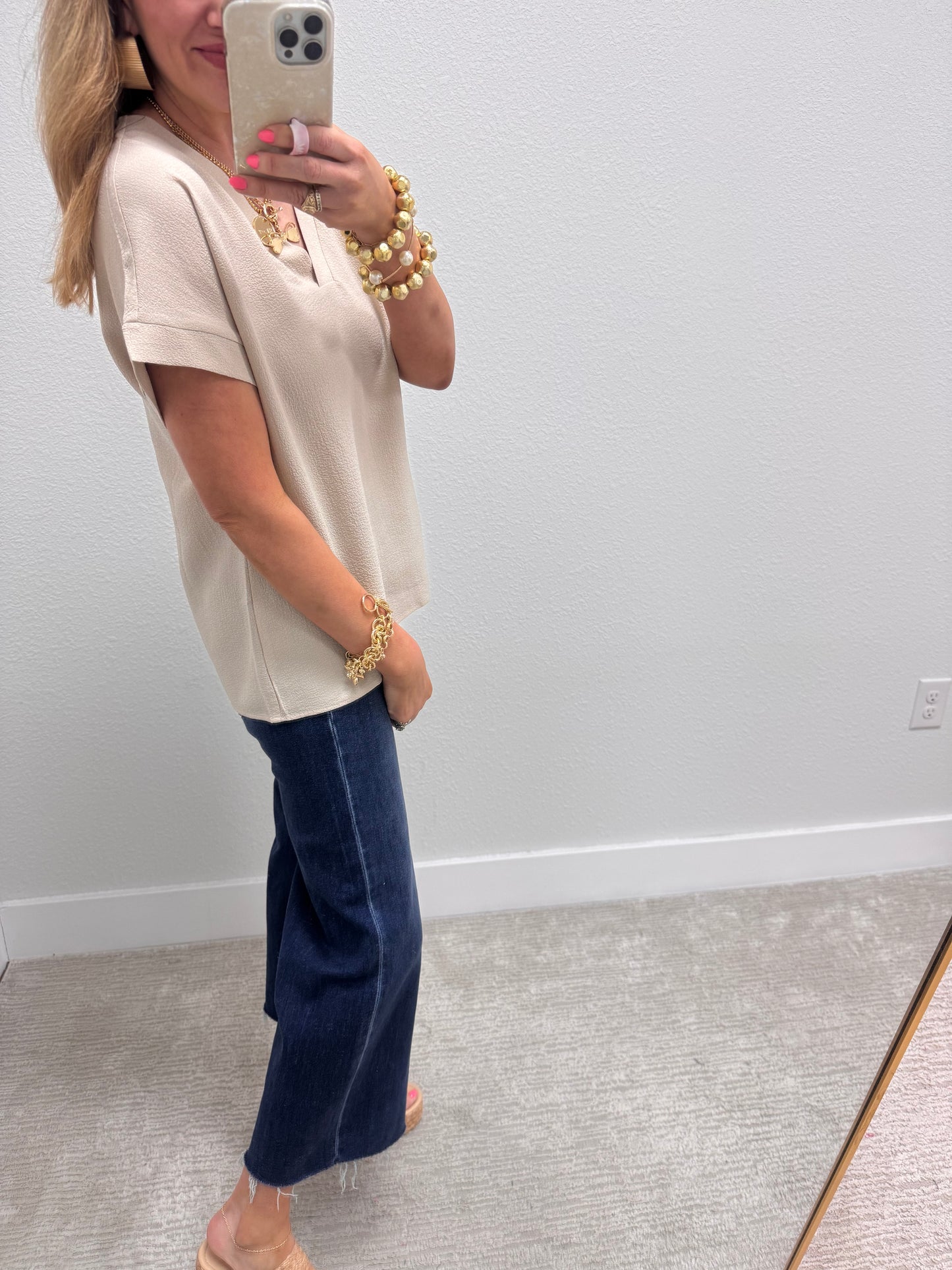 Sand Beige Crinkle Texture V-Neck Top